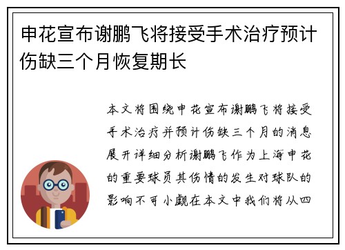 申花宣布谢鹏飞将接受手术治疗预计伤缺三个月恢复期长