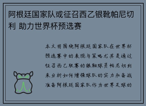 阿根廷国家队或征召西乙银靴帕尼切利 助力世界杯预选赛